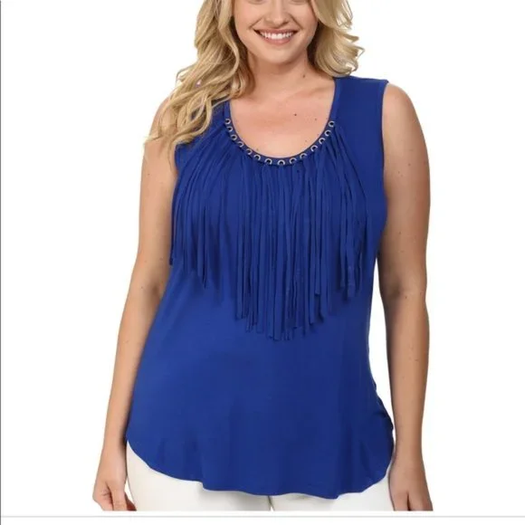 MICHAEL KORS Blue Tank Top with Fringe & Rivets, M - Picture 1 of 16